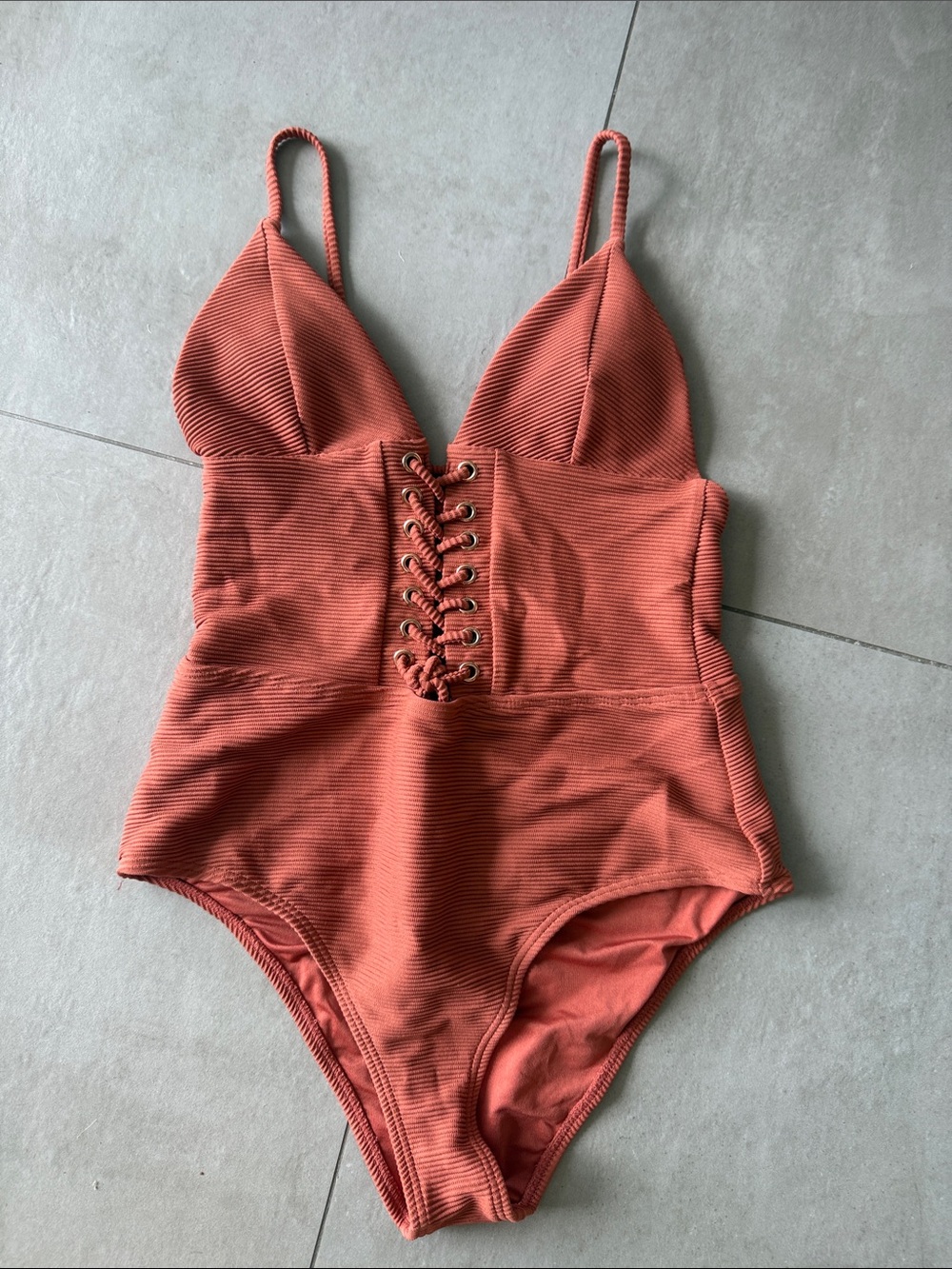 Rust Lace-Up One-Piece Swimsuit with V-Neck